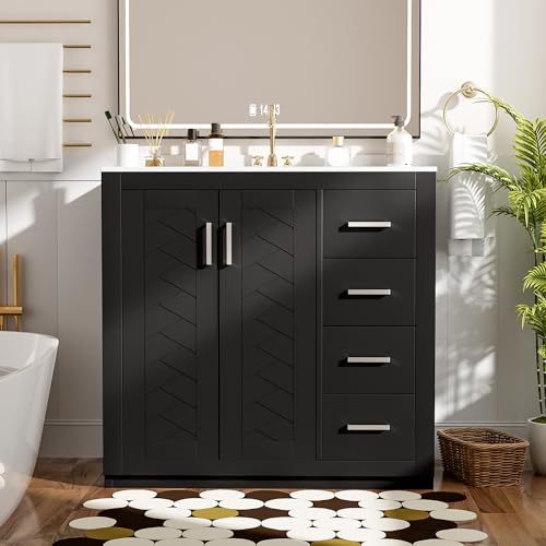 36 Inch Black Bathroom Vanity with Sink & Silver Handles,Light Luxury | with Herringbone Pattern Soft Closing Doors,3 Right Drawers,Ceramic Countertop,Solid Wood Frame,Floor-Standing with Toe-Kick - color: Black, size: 36 Inch(Right Drawers)