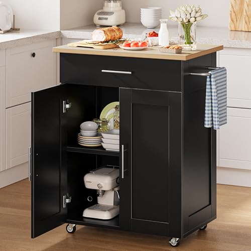 Mobile Kitchen Island on Wheels, Large Drawer, Black | On Wheels, Large Drawer, Adjustable Shelf, Towel Rack, Rolling Island Table,for Kitchen & Dining Room - size: Small Kitchen Island, style: Modern Black