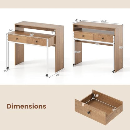 Giantex Small Computer Desk with Hutch & Drawers, Extendable Writing Desk w/Pull Out Secondary Table, Monitor Stand & Rolling Wheels, Console Table, Compact Desk for Small Spaces (Natural) - color: Natural