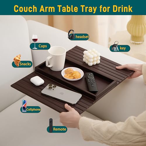 Bamboo Couch Arm Tray Table，Foldable Sofa Armrest Tray Table for Couch，Flexible and Anti-Slip Couch Arm Cup Holder，Portable Sofa Arm Chair Table for Drink,Cups, Eats，Snacks, Phone, Remote - color: Mahogany