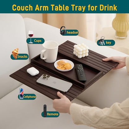 Bamboo Couch Arm Tray Table，Foldable Sofa Armrest Tray Table for Couch，Flexible and Anti-Slip Couch Arm Cup Holder，Portable Sofa Arm Chair Table for Drink,Cups, Eats，Snacks, Phone, Remote - color: Mahogany