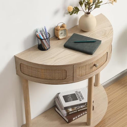 Wnutrees Rattan Half Moon Console Table, Modern Entryway Table with Drawer, Boho Sofa Table with Bottom Storage Shelf, Small Semicircular Tables for Hallway, Living Room, Natural - color: Natural