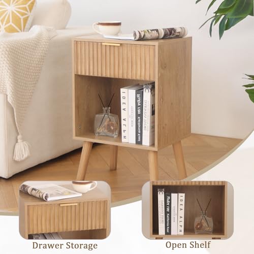 Fultyle Night Stand with Drawer, Mid Century Nightstand with Storage, Modern Fluted Bedside Table Bedroom Living Room for Small Space, Office (Rustic Walnut) - color: Rustic Walnut