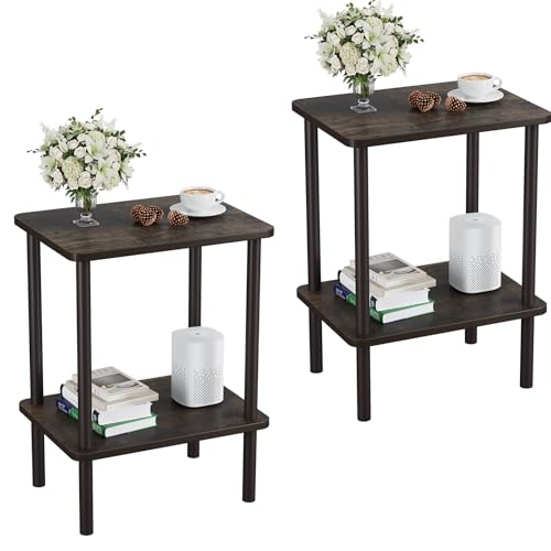 Apicizon End Table Set of 2, Side Table with Solid Wood Legs, Rustic Oak | Boho Bedside Table with Storage Shelf, Small Nightstand for Small Spaces, Bedroom, Living Room, Entryway, Easy Assembly - color: Dark Rustic Oak, size: 2 Set, style: 2 Tier
