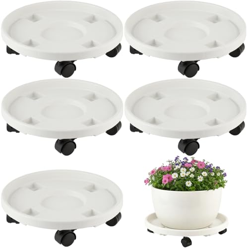 5-pack 14.2" Large Plant Caddy with Wheels Plastic Plant Dolly with Locking Caster Flower Pot Mover Rollers Wheeled Rolling Plant Stands Round Plant Saucer on Wheels Indoor Outdoor Base Coasters White - color: White, size: 14.2"/ 5 packs