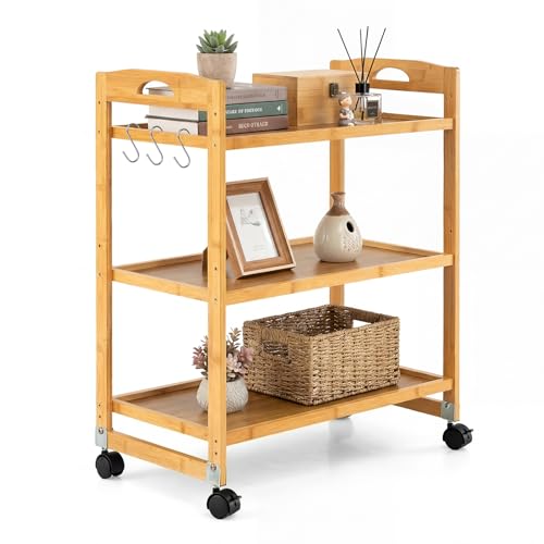 Giantex 3-Tier Rolling Storage Cart, Bamboo Utility Cart w/ 3 Side Hooks & Adjustable Shelves, Multifunctional Kitchen Cart on 2 Lockable Wheels for Living Dining Room, Laundry, Bathroom, Office Art