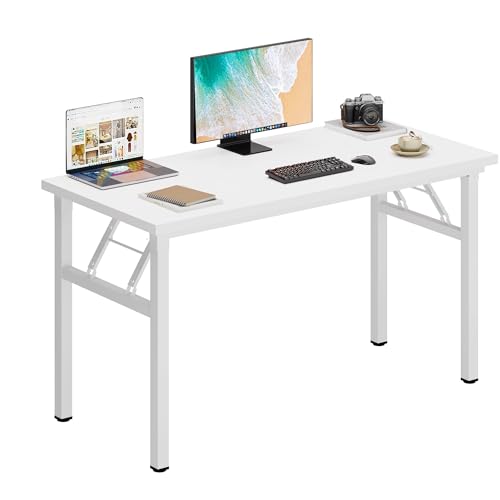 DlandHome 47 Inch Folding Computer Desk, Fully Assembled, White | Foldable Writing Table, Portable Activity Conference Table for Home Office, Wood Top Metal Frame, Collapsible Easy Storage - color: White + White, size: 47 Inches