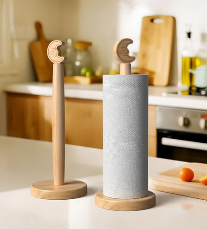 KitchLife Cute Wooden Paper Towel Holder Countertop - Solid Freestanding Paper Towel Dispenser Stand Organizer with Anti-Skid Base (Moon) - style: Moon