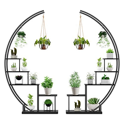 5 Tier Metal Plant Stand Indoor, 67.25“ Tall Half Moon Shape Multiple Stand Holder Shelf Planter Display, Hanging Shelf Flower Stand Ladder for Patio Garden Living Room, Black Set of 2