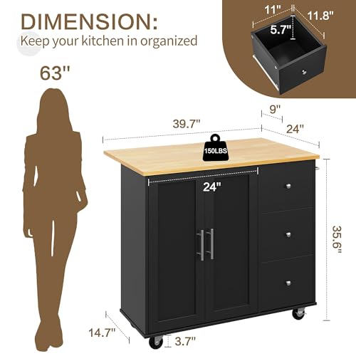 SUNLEI Kitchen Island on Wheels with Storage Cabinet & Foldable Drop Leaf, Rolling Kitchen Table, Cart Handle for Towel Rack, Drop Leaf, Portable Islands for Kitchen (Classic Black, 39.7-INCH)… - size: 39.7 INCH, style: Black