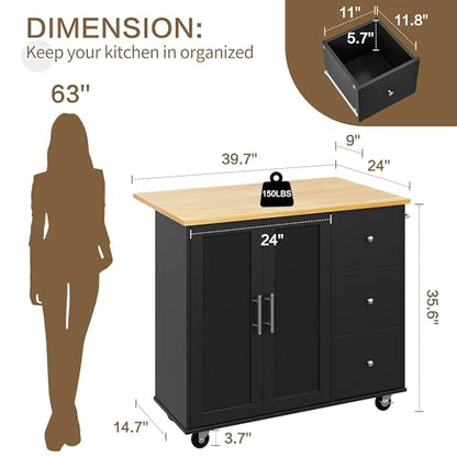 SUNLEI Kitchen Island on Wheels with Storage Cabinet & Foldable Drop Leaf, Rolling Kitchen Table, Cart Handle for Towel Rack, Drop Leaf, Portable Islands for Kitchen (Classic Black, 39.7-INCH)… - size: 39.7 INCH, style: Black