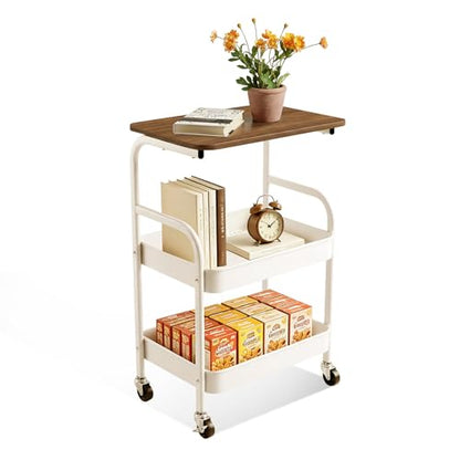 3 Tier Rolling Cart with Walnut Table Top, Sturdy Metal Storage Cart with Lockable Wheels, Multi-Purpose Mobile Shelf for Kitchen, Bedroom, Snacks, Coffee, Craft, Makeup, Garage (White) - color: White