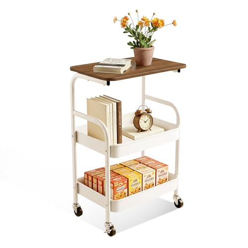 3 Tier Rolling Cart with Walnut Table Top, Sturdy Metal Storage Cart with Lockable Wheels, Multi-Purpose Mobile Shelf for Kitchen, Bedroom, Snacks, Coffee, Craft, Makeup, Garage (White) - color: White
