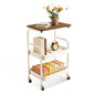 3 Tier Rolling Cart with Walnut Table Top, Sturdy Metal Storage Cart with Lockable Wheels, Multi-Purpose Mobile Shelf for Kitchen, Bedroom, Snacks, Coffee, Craft, Makeup, Garage (White) - color: White