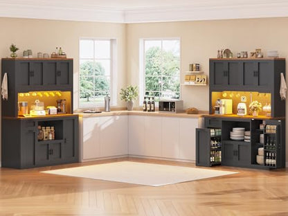 Itaar 71" Pantry Cabinet with Charging Station and LED Light, Kitchen Pantry Cabinet with Microwave Stand, 47.2" Wide Kitchen Storage Cabinets with Storage Cart 3 Tier for Dining Room, Black - color: Black