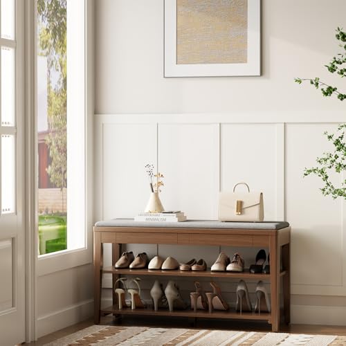Shoe Bench with Storage, Wooden Shoe Storage Bench with Cushion&Hidden Drawer, 2-Tier Shoe Rack Bench for Entryway, Mudroom, Hallway - size: 39.4"W x 13.6"D x 21.3"H