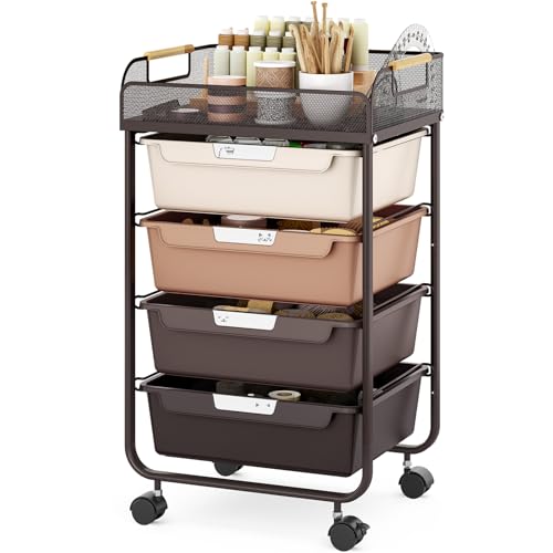 SYKIARIOL 4-Drawer Rolling Storage Cart with Mesh Top, Utility Craft Organizer Cart on Wheels with DIY Labels, Rolling Drawer Cart for Home Office Classroom Bedroom, Brown - color: Brown