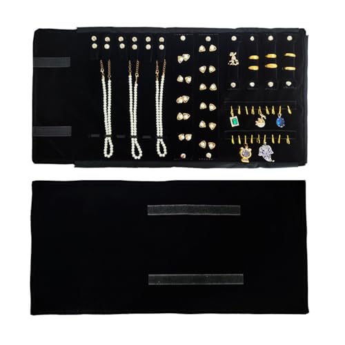 Velvet Travel Jewelry Case Roll Bag Organizer for Necklace Bracelet Earrings Ring (Black) (Black（6+2+4+2) - color: Black (6+2+4+2)