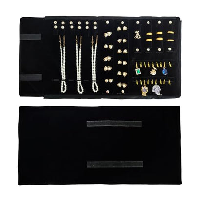Velvet Travel Jewelry Case Roll Bag Organizer for Necklace Bracelet Earrings Ring (Black) (Black（6+2+4+2) - color: Black (6+2+4+2)