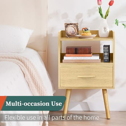 Yoobure Modern Nightstand with Fabric Drawer, Bedside Tables, Mid Century Nightstand with Open Storage Shelf, Wood Bedside Table, Small Night Stands for Bedrooms, 2-Tier Night Table - color: Natural