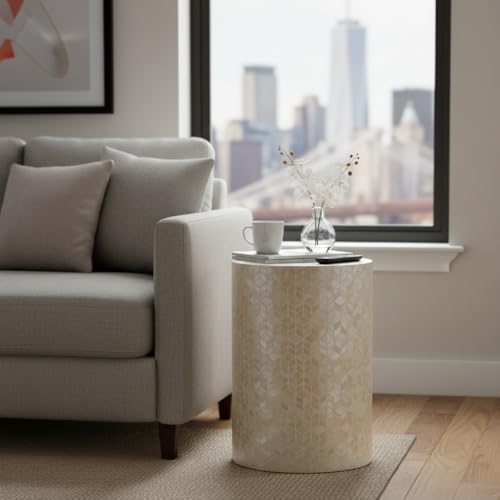 PEMAR Capiz Shell Cylinder Drum End Table Nacre Side Table Stool Round Drum Accent Coffee Bedside Nightstand and Vanity Stool, 13" Diameter x 19.3" High, White Cream - color: White Cream