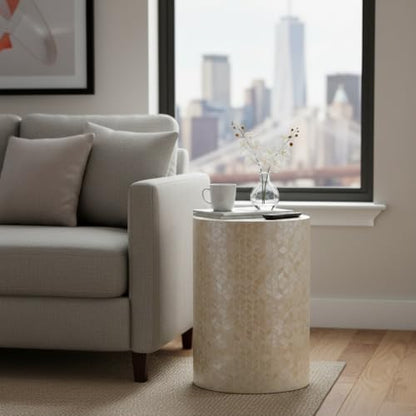 PEMAR Capiz Shell Cylinder Drum End Table Nacre Side Table Stool Round Drum Accent Coffee Bedside Nightstand and Vanity Stool, 13" Diameter x 19.3" High, White Cream - color: White Cream