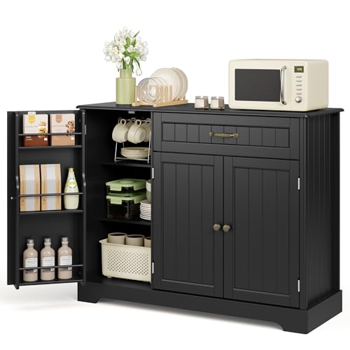 Ahomly Buffet Cabinet, Coffee Bar, Sideboard Cabinet with Internal Storage Shelf for Dining Room, Kitchen, Living Room, Kitchen and Laundry Room, Black - color: Black