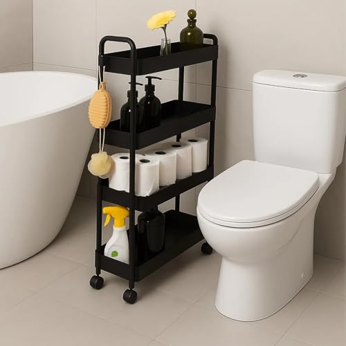 ShellKingdom 4 Tier Bathroom Storage Organizer, Slim Rolling Storage Cart | Storage Shelf for Narrow Space with Handle, Mobile Shelving Unit for Bathroom, Kitchen, Laundry (Black) - color: Black