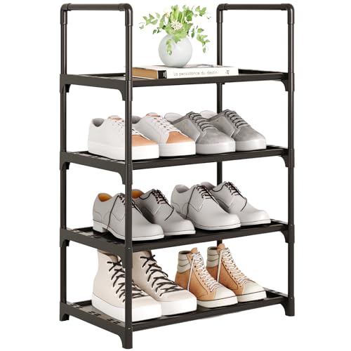 Upgrade Stackable Small Shoe Rack, 4-Tier Shoe Shelf Storage Organizer with Handle for Entryway, Hallway and Closet (Black) - size: 4-Tier(Black)-Small