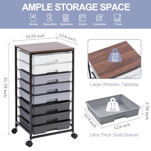 SYKIARIOL Rolling Cart with Drawers,Utility Cart With 8 Drawers and Wooden Tabletop for Living Room,Classroom,Bedroom,Bathroom,Dorm,Office,Dark Grey - color: Grey