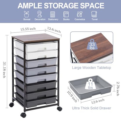 SYKIARIOL Rolling Cart with Drawers,Utility Cart With 8 Drawers and Wooden Tabletop for Living Room,Classroom,Bedroom,Bathroom,Dorm,Office,Dark Grey - color: Grey