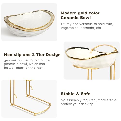 Fruit Basket for Kitchen Counter - Two Tier Ceramic Fruit Bowl with Metal Stand, Fruit Holder for Fresh Fruit&Veggies, Modern Tiered Fruit Platter Serving Trays for Party - color: 2White-Rack02