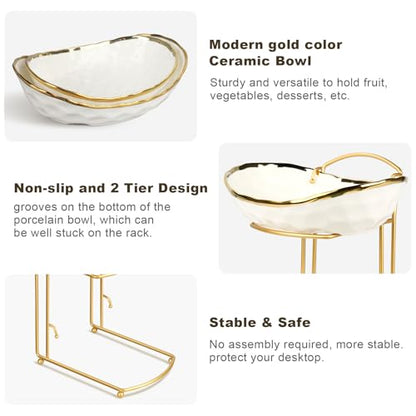Fruit Basket for Kitchen Counter - Two Tier Ceramic Fruit Bowl with Metal Stand, Fruit Holder for Fresh Fruit&Veggies, Modern Tiered Fruit Platter Serving Trays for Party - color: 2White-Rack02