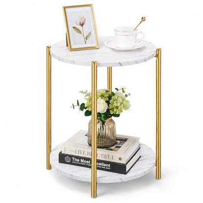 Gold End Table, Faux Marble Side Table, 2-Tier Small Round Nightstand for Bedroom - Modern Accent Table for Living Room Couch, Metal Frame (1 Pack) - color: Gold