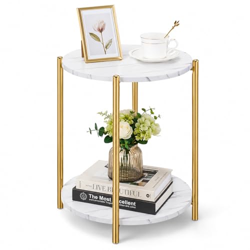 Gold End Table, Faux Marble Side Table, 2-Tier Small Round Nightstand for Bedroom - Modern Accent Table for Living Room Couch, Metal Frame (1 Pack) - color: Gold