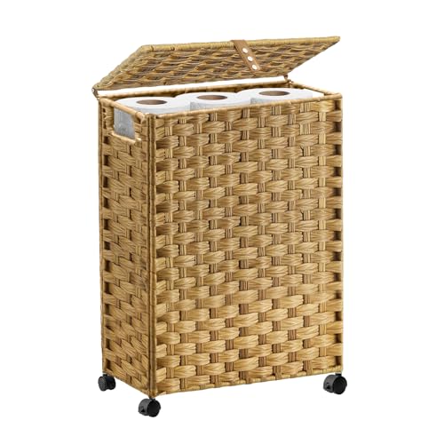 Hiagnete Toilet Paper Storage Basket with Lid and Wheels, Rattan Toilet Paper Holder Storage, Toilet Paper Organizer for Bathroom, Bedroom, Kitchen, 12.6”L x 7.1”W x 17.14”H, Naturall - color: Natural, size: 12.6”L x 7.1”W x 17.14”H