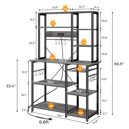 SUPERJARE Large Bakers Rack with Power Outlets, 6-Tier Microwave Stand, Coffee Bar with 12 S-Shaped Hooks, Kitchen Shelf with Wire Basket, 39.4 x 14.6 x 66.9 Inches, Charcoal Gray - color: Charcoal Gray, size: 39.4inch