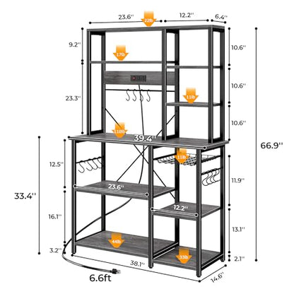SUPERJARE Large Bakers Rack with Power Outlets, 6-Tier Microwave Stand, Coffee Bar with 12 S-Shaped Hooks, Kitchen Shelf with Wire Basket, 39.4 x 14.6 x 66.9 Inches, Charcoal Gray - color: Charcoal Gray, size: 39.4inch