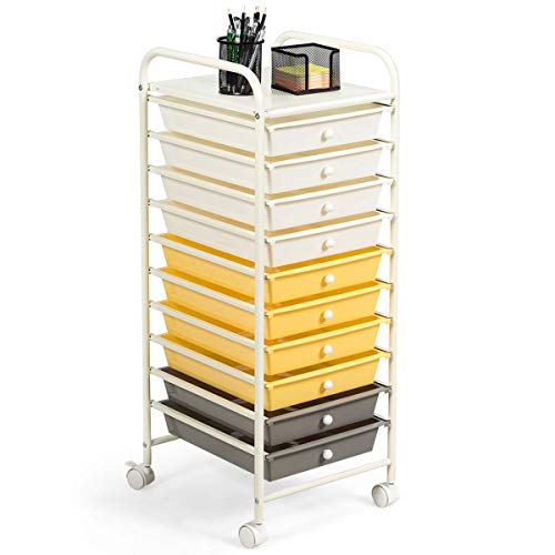 KOTEK 10-Drawer Rolling Storage Cart, Multipurpose Utility Cart Mobile Craft Cart w/Drawers & Wheels, Home Office School Tools Scrapbook Paper Organizer (Yellow) - color: Yellow