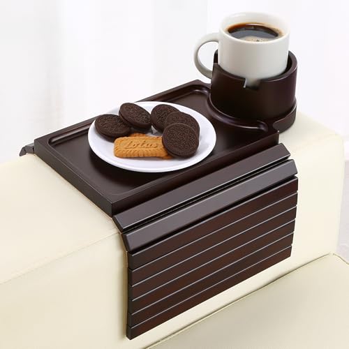 GHKINMAL Couch Cup Holder Tray, 3 in 1 Large Couch Arm Trays,Bamboo Chair Clip on Tray with 360° Ratated Phone Cup Holder for Couch,Snacks,Remote,Phone-Black Walnut - color: Black Walnut