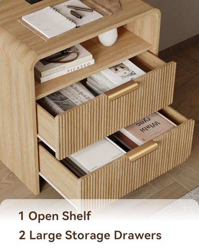 24" Fluted Nightstand Set of 2 with Charging Station, Bedside Table with Metal Handle, NightStand with 2 Drawer and Shelf, End Table for Bedroom, Curved Profile, Natural Oak - color: Natural Oak-2 Drawers, size: 2 Drawers