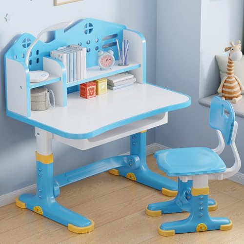 Kids Desk and Chair Set, Height Adjustable Child's School Study Writing Tables, Kids Desk with Bookstand and Storage Drawer, Widened Desktop with Desktop for Boys and Girls - color: Blue-a