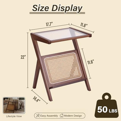 Tiita Rattan Nightstand Side Table, Bamboo Accent Bedside Tables, Glass Coffee Tables, Boho Wooden End Table with Storage for Small Space, Living Room and Bedroom - color: Rattan-s-brown