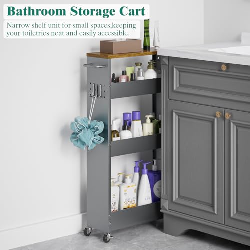 XYZLVSI Slim Storage Cart, 4 Tier Rolling Kitchen Cart on Wheels for Small Space, Narrow Laundry Bathroom Organizers Mobile Shelving Unit Metal Utility Cart with Handle, 5.9in Width, Gray | 5.9" W skinny storage cart, 12.4" bottom metal utility cart with