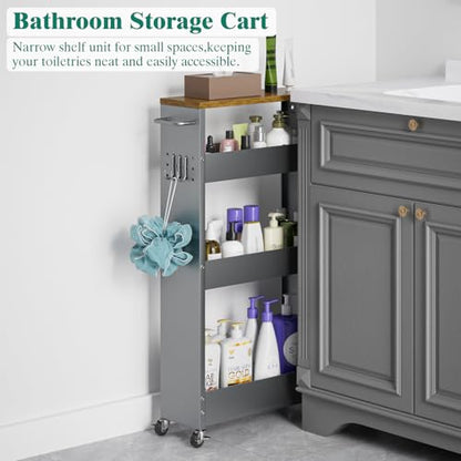 XYZLVSI Slim Storage Cart, 4 Tier Rolling Kitchen Cart on Wheels for Small Space, Narrow Laundry Bathroom Organizers Mobile Shelving Unit Metal Utility Cart with Handle, 5.9in Width, Gray | 5.9" W skinny storage cart, 12.4" bottom metal utility cart with