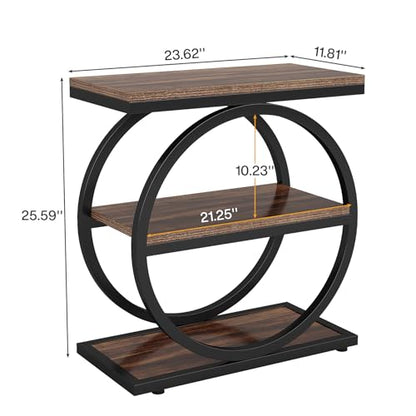 Tribesigns End Table, Narrow End Table with 3 Storage Shelves, Wood Side Table with Black Metal Frames, Industrial Small Sofa Side Table for Living Room, Slim Nightstand and Bedside Table for Bedroom - color: Brown