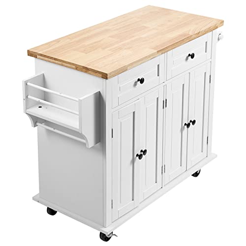 VEVOR Kitchen Island Cart with Solid Wood Top, 35.4" Width Mobile Carts with Storage Cabinet, Rolling Kitchen Table with Spice Rack, Towel Rack, and Drawer, Portable Islands on Wheels, White | Rolling Kitchen Table with Storage Cabinet, Spice Rack, Towel