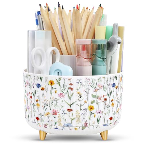 SKYDUE 360 Degree Rotating Desk Organizer, Dual-Purpose Pencil Pen Holder for Desktop, Desk Pen Organizer with 5 Slots, Office Supplies, Pencil Cup for Office, School, Home - color: Floral