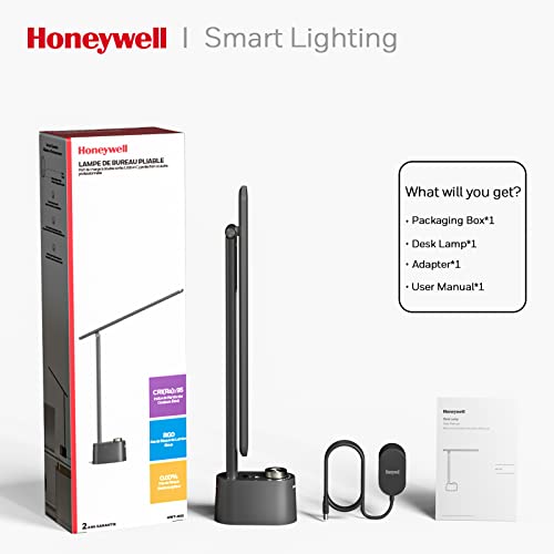 Honeywell HWT-H01 LED Desk Lamp, Foldable & Stepless Dimmable, Black | Sunturalux Eye-Caring Desk Light with Charging Ports, Modern Table Lamp, Reading Lamp for Home Office Bedroom College Dorm - color: Black