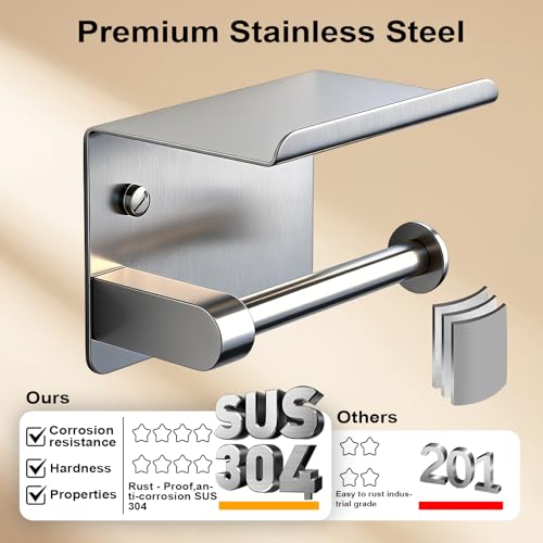 Toilet Paper Holder with Phone Shelf, Tissue Roll Holder with Storage Shelf | Adhesive or Screw Wall Mount Toilet Tissue Roll Holder for Bathroom Washroom, With 5 Stainless Hook, Rustproof, Silver